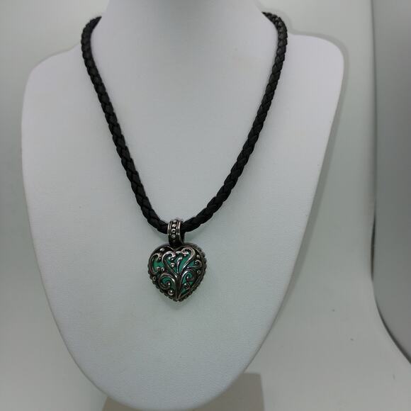 Double-Sided Sterling Heart on 16-inch Braided Leather - Picture 1 of 5